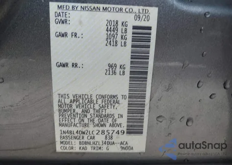 2020 Nissan Altima Sv from USA, damaged, VIN 1N4BL4DW2LC285749